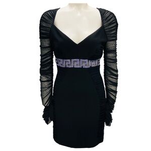 VERSACE BLACK / PURPLE CRYSTAL EMBELLISHED MESH MINI COCKTAIL DRESS